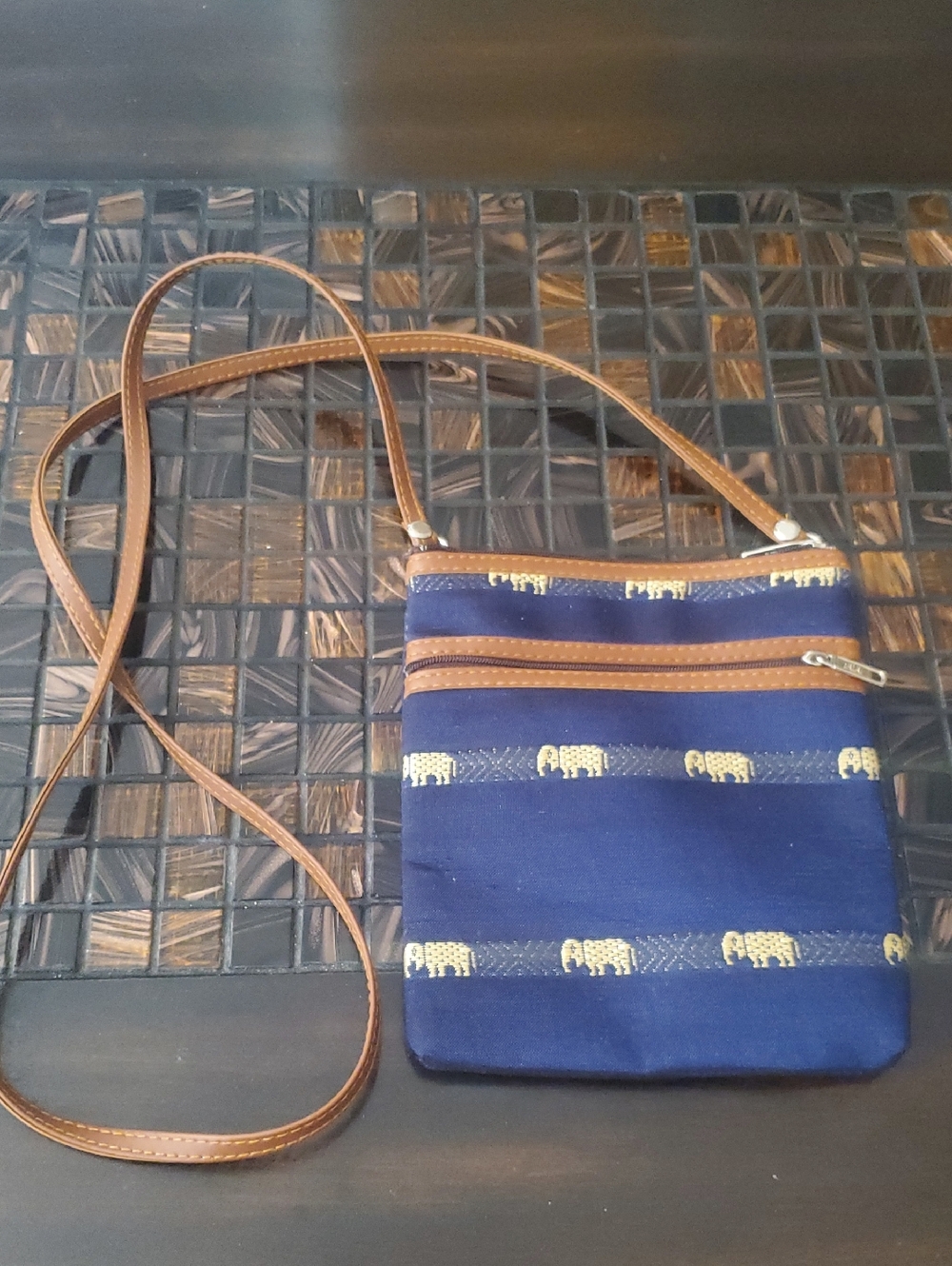 Navy Elephant-Pattern Crossbody Bag with Brown Trim